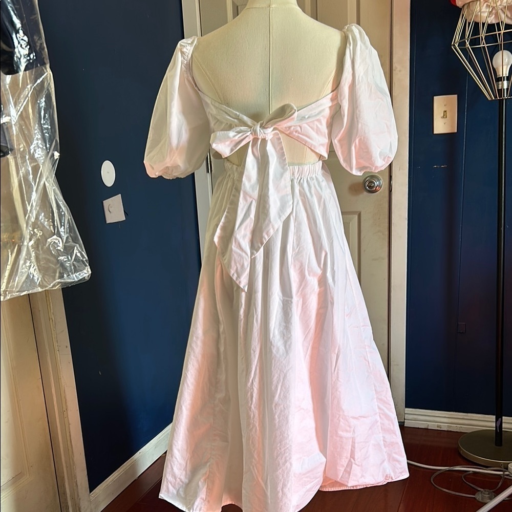 Elegant white Pink Puff Sleeve Dress - Picture 3 of 9